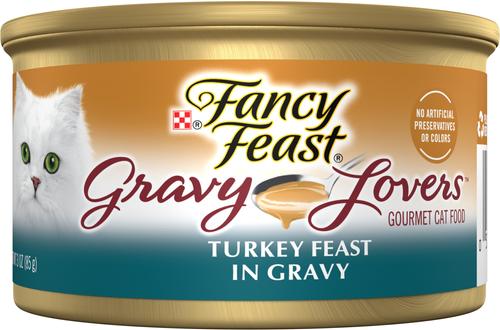 Show full view: Tiny Tiger Chunks in EXTRA Gravy Turkey Recipe Grain-Free Canned Cat Food, 3-oz, case of 24 + Fancy Feast Gravy Lovers Turkey Feast in Roasted Turkey Flavor Gravy Canned Cat Food, 3-oz, case of 24 slide 6 of 9