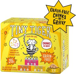 Tiny Tiger Grain-Free Chunks in Gravy Beef & Poultry Recipes Variety Pack Canned Cat Food, 3-oz can, bundle of 48 