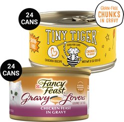 Tiny Tiger Chunks in Gravy Chicken Recipe Grain-Free Canned Food + Fancy Feast Gravy Lovers Chicken Feast in Grilled Chicken Flavor Gravy Canned Cat Food