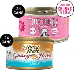 Tiny Tiger Chunks in Gravy Salmon & Whitefish Recipe Grain-Free Canned Cat Food, 3-oz, case of 24 + Fancy Feast Gravy Lovers Salmon & Sole Feast in Seared Salmon Flavor Gravy Canned Cat Food, 3-oz, case of 24
