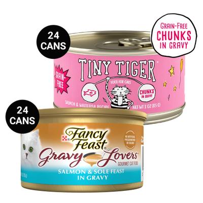Show full view: Tiny Tiger Chunks in Gravy Salmon & Whitefish Recipe Grain-Free Canned Cat Food, 3-oz, case of 24 + Fancy Feast Gravy Lovers Salmon & Sole Feast in Seared Salmon Flavor Gravy Canned Cat Food, 3-oz, case of 24 slide 1 of 9