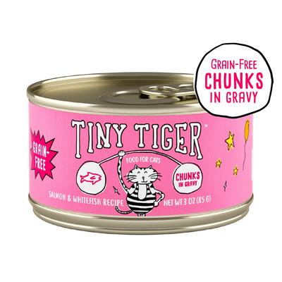 Show full view: Tiny Tiger Chunks in Gravy Salmon & Whitefish Recipe Grain-Free Canned Cat Food, 3-oz, case of 24 + Fancy Feast Gravy Lovers Salmon & Sole Feast in Seared Salmon Flavor Gravy Canned Cat Food, 3-oz, case of 24 slide 2 of 9