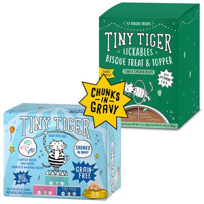 Show full view: Tiny Tiger Chunks in Gravy Seafood Variety Pack Canned Food + Lickables Senior Formula Tuna & Chicken Recipe Bisque Cat Treat & Topper slide 1 of 8