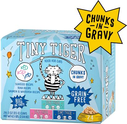 Show full view: Tiny Tiger Chunks in Gravy Seafood Variety Pack Canned Food + Lickables Senior Formula Tuna & Chicken Recipe Bisque Cat Treat & Topper slide 2 of 8