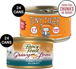 Tiny Tiger Chunks in Gravy Turkey Recipe Grain-Free Canned Cat Food, 3-oz, case of 24 + Fancy Feast Gravy Lovers Turkey Feast in Roasted Turkey Flavor Gravy Canned Cat Food, 3-oz, case of 24