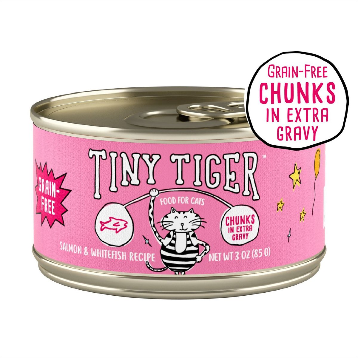 Tiny Tiger Grain-Free Chunks in EXTRA Gravy Salmon & Whitefish Recipe Canned Cat Food, 3-oz can, case of 24