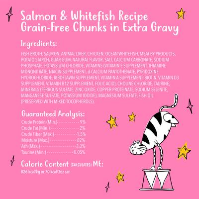Show full view: Tiny Tiger Grain-Free Chunks in EXTRA Gravy Salmon & Whitefish Recipe Canned Cat Food, 3-oz can, case of 24 slide 7 of 11