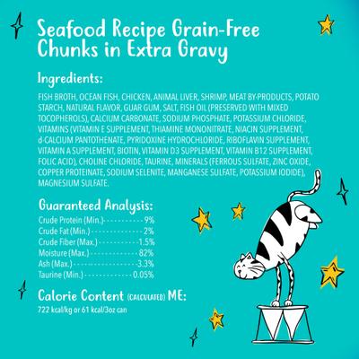 Show full view: Tiny Tiger Grain-Free Chunks in EXTRA Gravy Seafood Recipe Canned Cat Food, 3-oz can, case of 24 slide 7 of 11