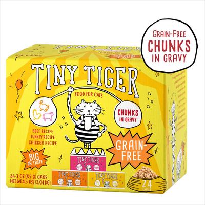 Show full view: Tiny Tiger Grain-Free Chunks in Gravy Beef & Poultry Recipes Variety Pack Canned Cat Food, 3-oz can, case of 24 slide 1 of 11
