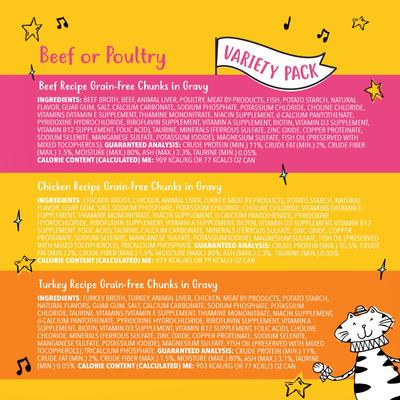 Show full view: Tiny Tiger Grain-Free Chunks in Gravy Beef & Poultry Recipes Variety Pack Canned Cat Food, 3-oz can, case of 24 slide 7 of 11