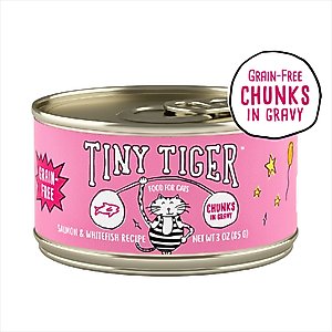Tiny Tiger Grain-Free Chunks in Gravy Salmon & Whitefish Recipe Canned Cat Food, 3-oz can, case of 24
