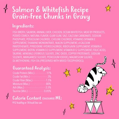 Show full view: Tiny Tiger Grain-Free Chunks in Gravy Salmon & Whitefish Recipe Canned Cat Food, 3-oz can, case of 24 slide 7 of 11