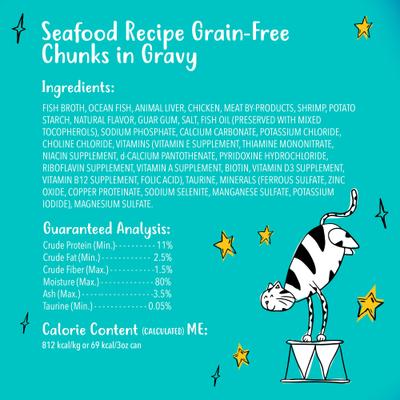 Show full view: Tiny Tiger Grain-Free Chunks in Gravy Seafood Recipe Canned Cat Food, 3-oz can, case of 24 slide 7 of 12