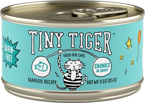 Show full view: Tiny Tiger Grain-Free Chunks in Gravy Seafood Recipe Canned Cat Food, 3-oz can, case of 24 slide 10 of 12