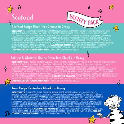 Show full view: Tiny Tiger Grain-Free Chunks in Gravy Seafood Recipes Variety Pack Canned Cat Food, 3-oz can, case of 24 slide 7 of 11