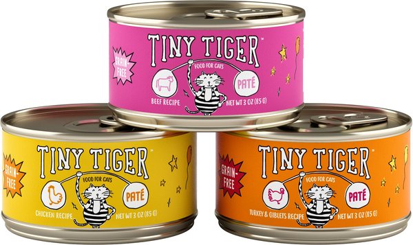 Show full view: Tiny Tiger Grain-Free Pate Beef & Poultry Recipes Variety Pack Canned Cat Food, 3-oz can, case of 24 slide 3 of 12
