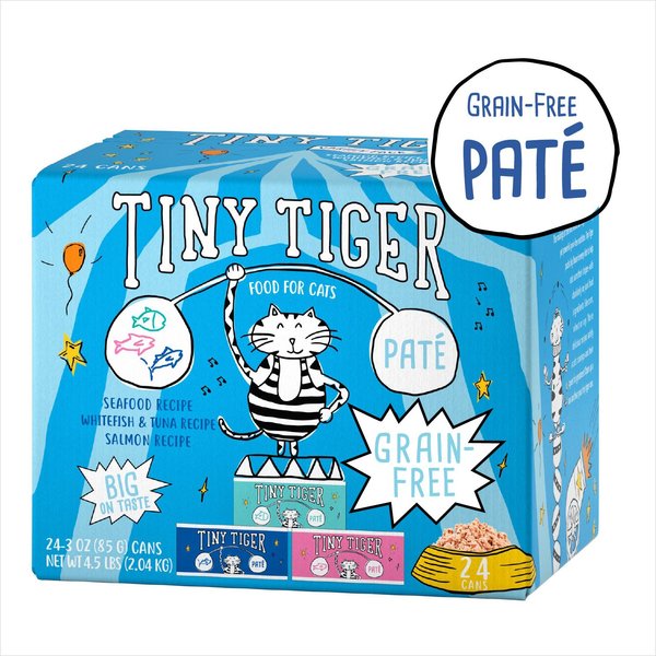 Show full view: Tiny Tiger Grain-Free Pate Seafood Recipes Variety Pack Canned Cat Food, 3-oz can, case of 24 slide 1 of 12