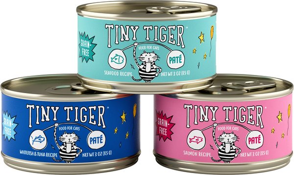 Show full view: Tiny Tiger Grain-Free Pate Seafood Recipes Variety Pack Canned Cat Food, 3-oz can, case of 24 slide 3 of 12
