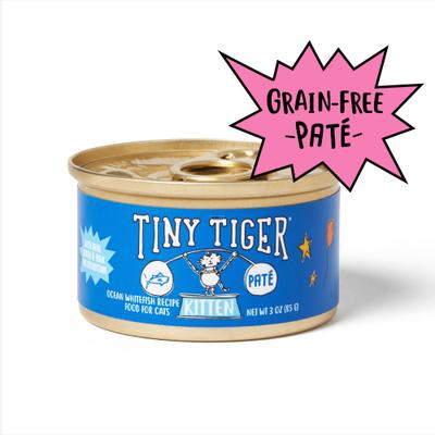 Show full view: Tiny Tiger Kitten Pate Ocean Whitefish Recipe Grain-Free Canned Cat Food, 3-oz can, case of 24 slide 1 of 8