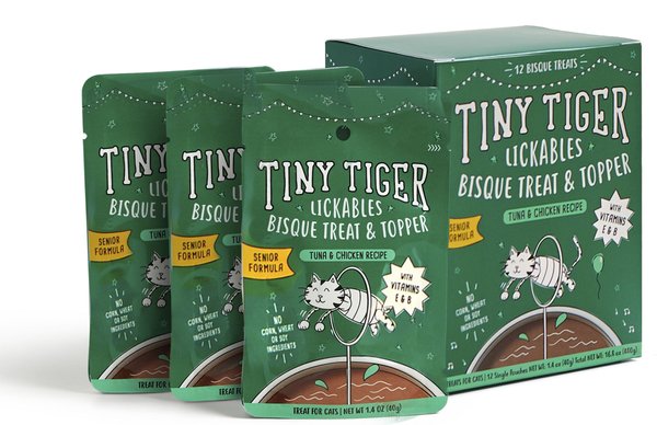 Show full view: Tiny Tiger Lickables Bisque Senior Formula, Tuna & Chicken Recipe Cat Treat & Topper, 1.4-oz pouch, case of 12 slide 8 of 10