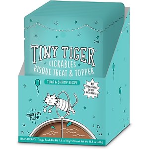 Tiny Tiger Lickables Bisque Tuna & Shrimp Recipe Cat Treat & Topper, 1.4-oz pouch, case of 12