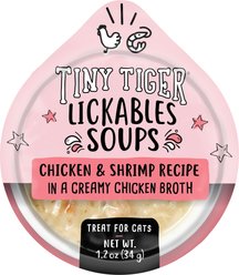Tiny Tiger Lickables Soup Chicken & Shrimp Recipe in a Creamy Chicken Broth Cat Treat & Topper, 1.2-oz cup, case of 8
