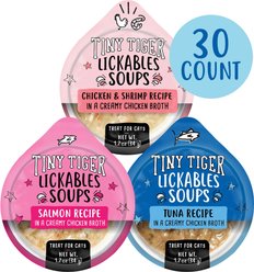 Tiny Tiger Lickables Soup in Creamy Broth Variety Pack Cat Treat & Topper, 1.2-oz cup, case of 30