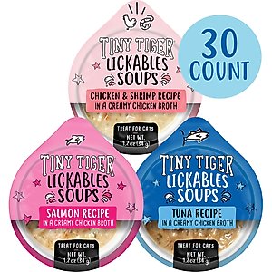 Tiny Tiger Lickables Soup in Creamy Broth Variety Pack Cat Treat & Topper, 1.2-oz cup, case of 30