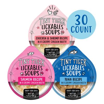 Show full view: Tiny Tiger Lickables Soup in Creamy Broth Variety Pack Cat Treat & Topper, 1.2-oz cup, case of 30 slide 1 of 9