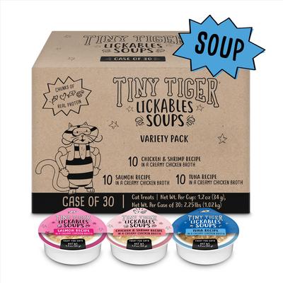 Show full view: Tiny Tiger Lickables Soup in Creamy Broth Variety Pack Cat Treat & Topper, 1.2-oz cup, case of 30 slide 3 of 9
