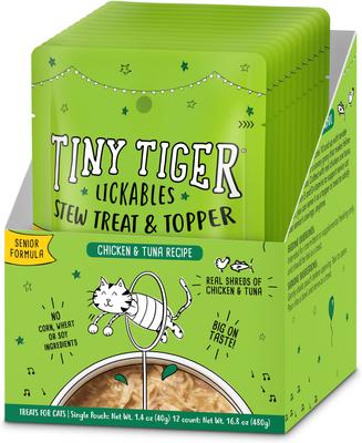 Show full view: Tiny Tiger Lickables Stew Senior Formula Chicken & Tuna Recipe Cat Treat & Topper, 1.4-oz pouch, case of 12 slide 1 of 10