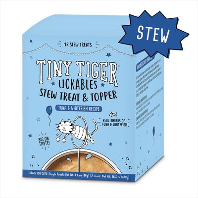 Show full view: Tiny Tiger Lickables Stew Tuna & Whitefish Recipe Cat Treat & Topper, 1.4-oz pouch, case of 12 slide 3 of 10