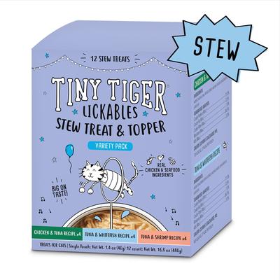 Show full view: Tiny Tiger Lickables Stew Variety Pack Cat Treat & Topper, 1.4-oz pouch, case of 12 slide 3 of 10