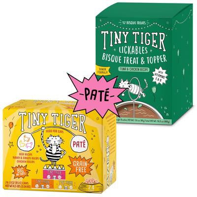 Show full view: Tiny Tiger Pate Beef & Poultry Variety Pack Canned Food + Lickables Senior Formula Tuna & Chicken Recipe Bisque Cat Treat & Topper slide 1 of 9