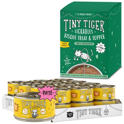 Show full view: Tiny Tiger Pate Chicken Canned Food + Lickables Senior Formula Tuna & Chicken Recipe Bisque Cat Treat & Topper slide 1 of 9