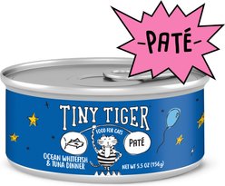 Tiny Tiger Pate Ocean Whitefish & Tuna Dinner Canned Cat Food, 5.5-oz can, case of 24
