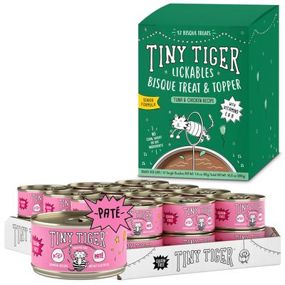 Show full view: Tiny Tiger Pate Salmon Canned Food + Lickables Senior Formula Tuna & Chicken Recipe Bisque Cat Treat & Topper slide 1 of 9