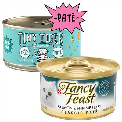 Show full view: Tiny Tiger Pate Seafood Recipe Grain-Free Canned Cat Food, 3-oz, case of 24 + Fancy Feast Classic Salmon & Shrimp Feast Canned Cat Food, 3-oz, case of 24 slide 1 of 9