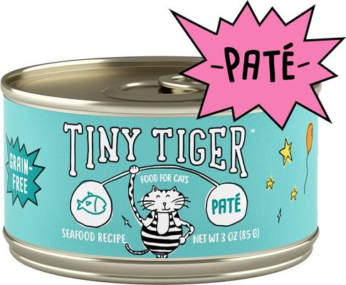 Show full view: Tiny Tiger Pate Seafood Recipe Grain-Free Canned Cat Food, 3-oz, case of 24 + Fancy Feast Classic Salmon & Shrimp Feast Canned Cat Food, 3-oz, case of 24 slide 2 of 9