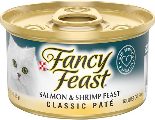 Show full view: Tiny Tiger Pate Seafood Recipe Grain-Free Canned Cat Food, 3-oz, case of 24 + Fancy Feast Classic Salmon & Shrimp Feast Canned Cat Food, 3-oz, case of 24 slide 6 of 9