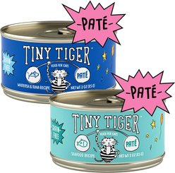 Tiny Tiger Pate Whitefish & Tuna Recipe Grain-Free Canned Cat Food, 3-oz, case of 24 + Tiny Tiger Pate Seafood Recipe Grain-Free Canned Cat Food, 3-oz, case of 24
