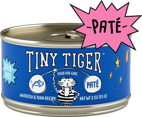 Show full view: Tiny Tiger Pate Whitefish & Tuna Recipe Grain-Free Canned Cat Food, 3-oz, case of 24 + Tiny Tiger Pate Seafood Recipe Grain-Free Canned Cat Food, 3-oz, case of 24 slide 2 of 8