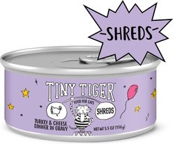 Tiny Tiger Shreds Turkey & Cheese Dinner in Gravy Canned Cat Food, 5.5-oz can, case of 24