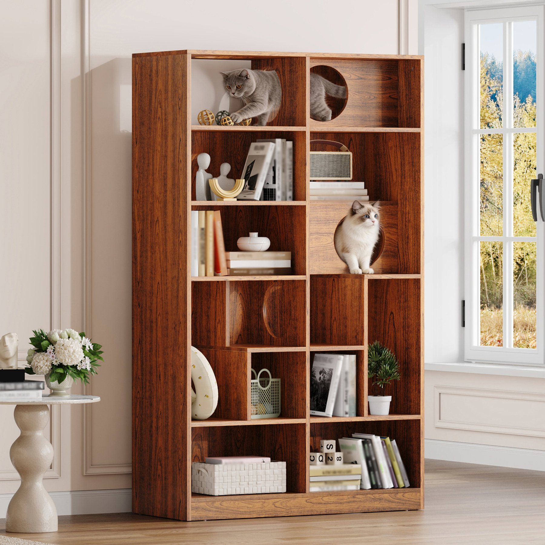 Tinyhomie 2-in-1 Wood Bookshelf Modern Cat Tree, House with Storage, Brown
