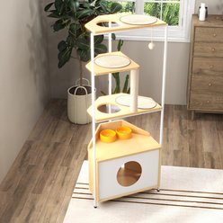 Tinyhomie Corner Tree Tower with Condo, Feeding Station Post 58.27-in Cat Scratcher, White & Light Oak