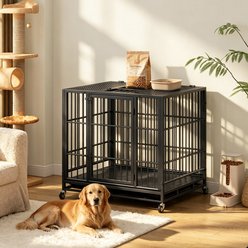 Tinyhomie Crate with Lockable Wheels, Twist Latches & Removable Tray Heavy-Duty Metal Dog Gate, Black