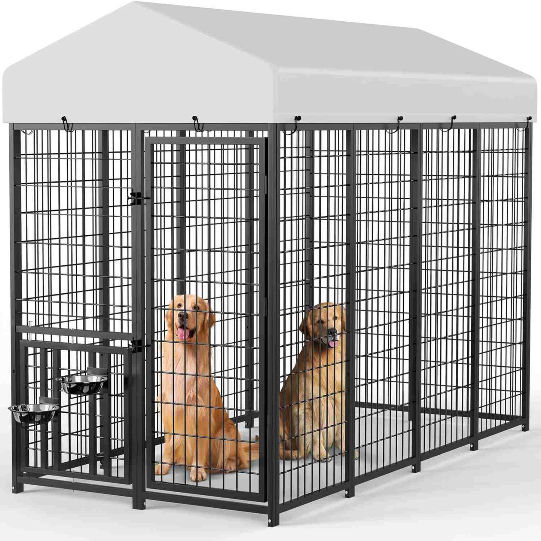 Tinyhomie Heavy Duty Outdoor with Roof Cover & Rotating Bowls Dog Kennel, Black, 8 x 4 x 5.6-ft