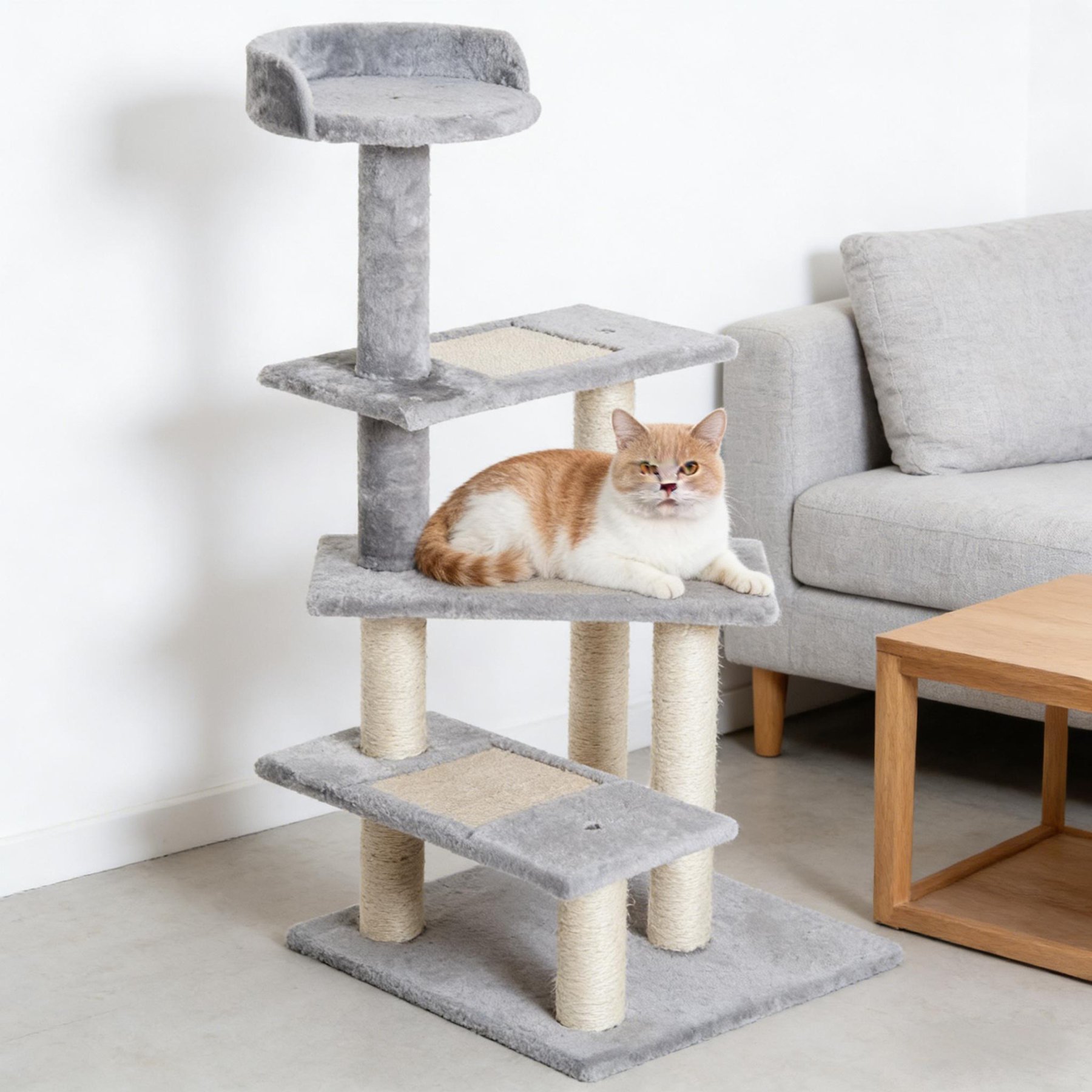 Tinyhomie Revolving Stair Plush Modern Cat Tree, Beige/ Grey