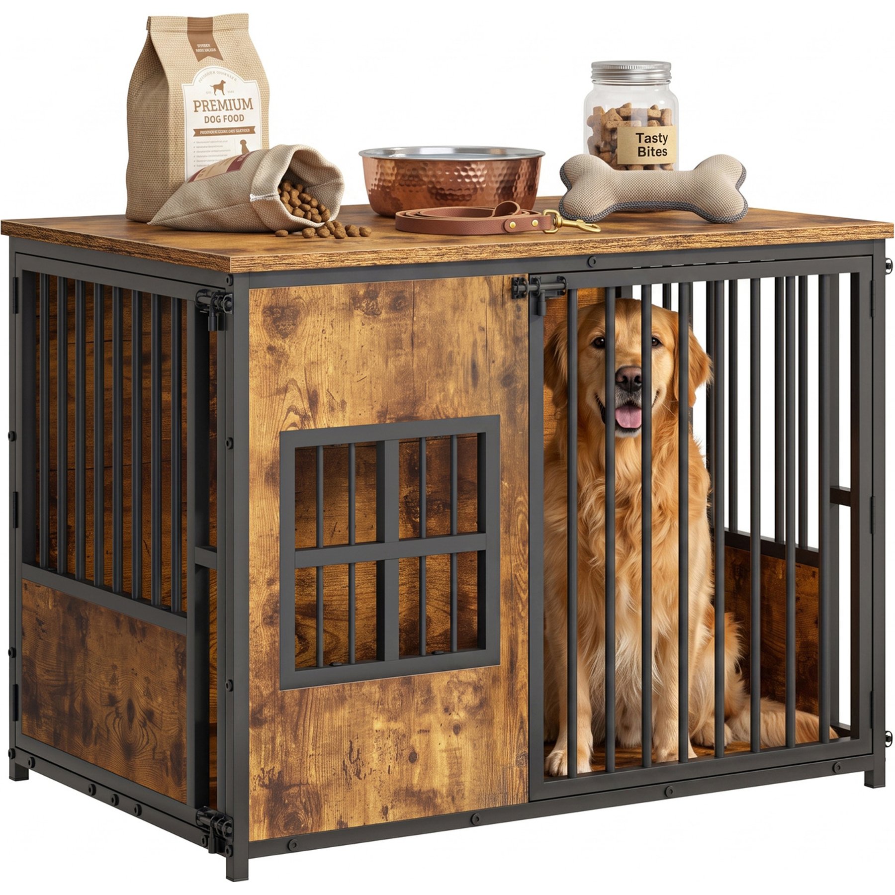 Tinyhomie Wooden Indoor Dog Crate with Storage Top, 42-in, Antique Brown