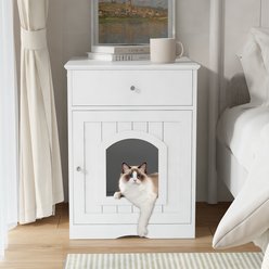 Tinyhomie Wooden & Side Table with Drawer Cat Litter Box Enclosure, White, 25-in